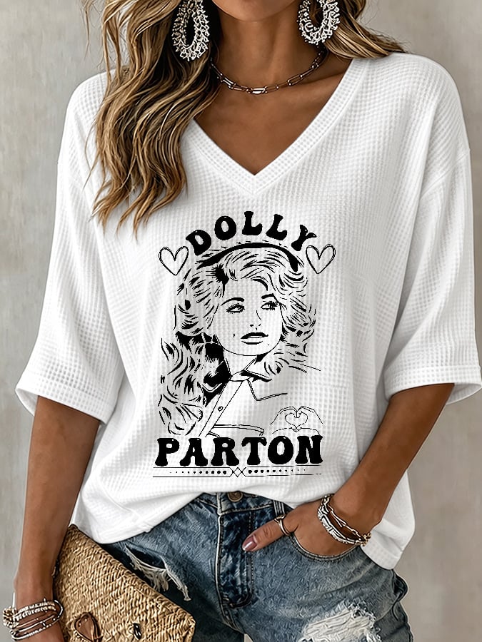 V-Neck Retro Dolly Print T-Shirt