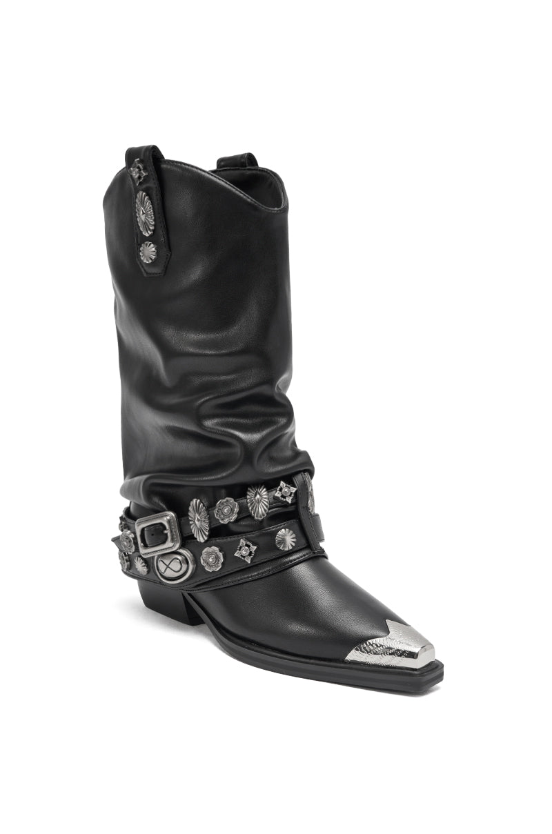 AZALEA WANG ASHRAF BLACK PU SILVER HARDWARE WESTERN BOOTIE