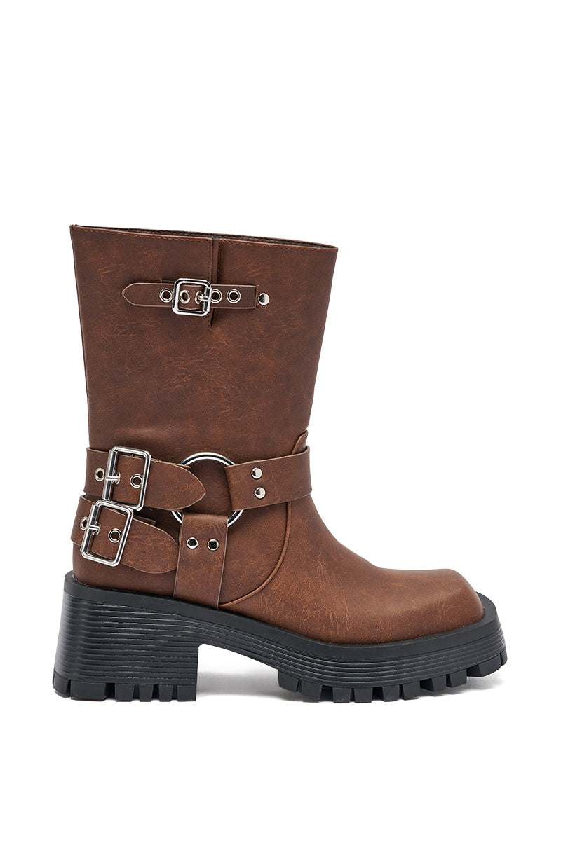AZALEA WANG BUCKED BROWN CHUNKY HEEL COMBAT BOOTIE
