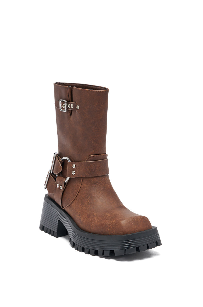 AZALEA WANG BUCKED BROWN CHUNKY HEEL COMBAT BOOTIE