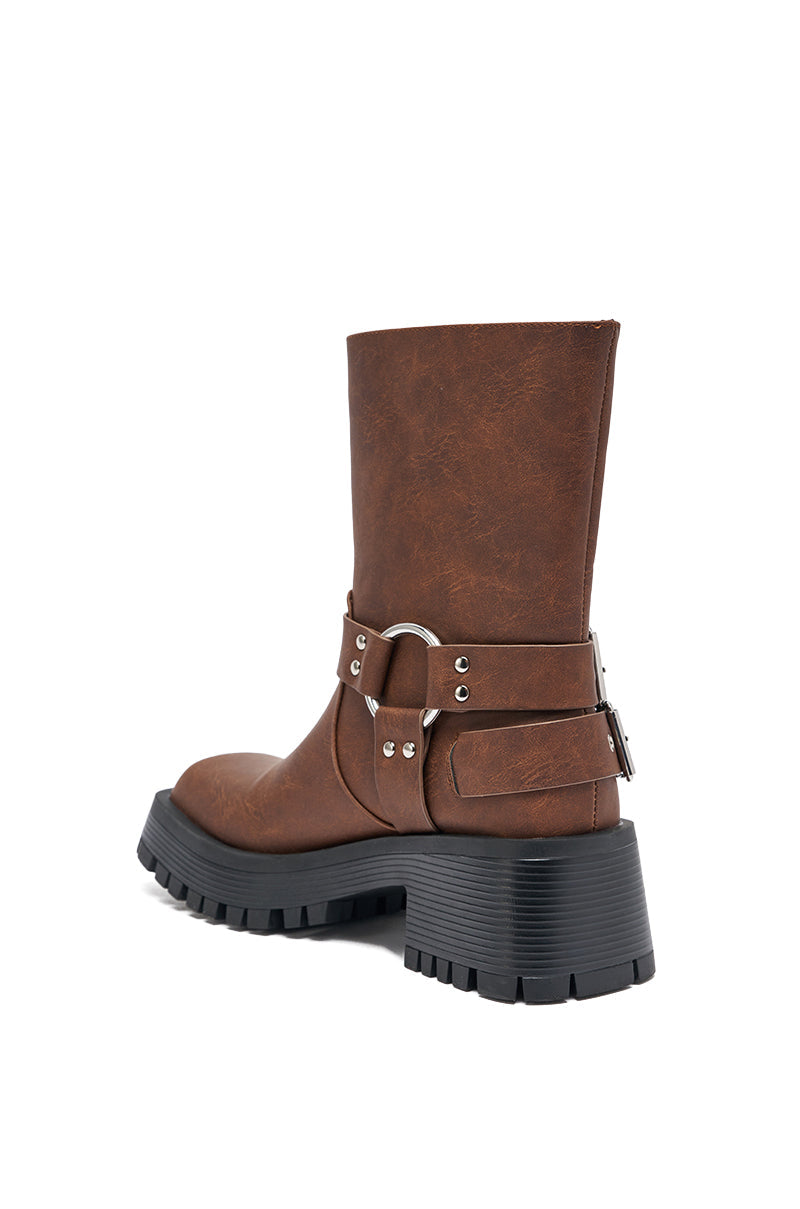 AZALEA WANG BUCKED BROWN CHUNKY HEEL COMBAT BOOTIE