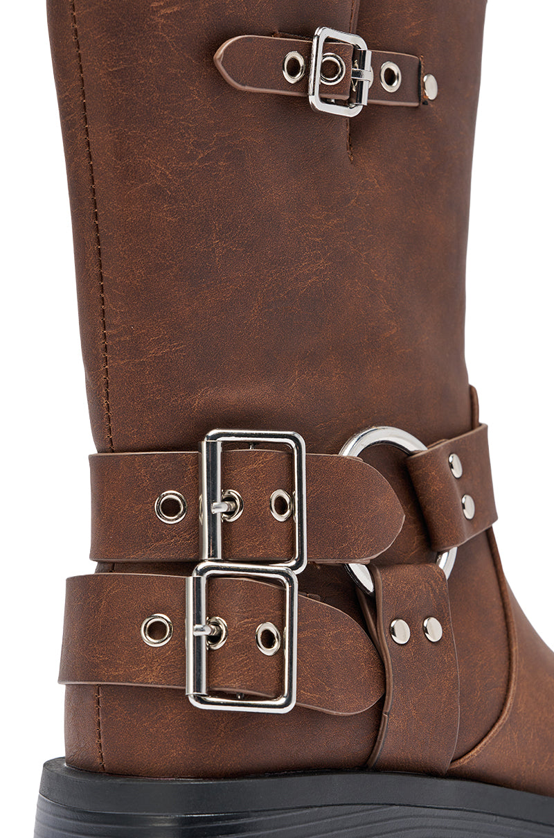 AZALEA WANG BUCKED BROWN CHUNKY HEEL COMBAT BOOTIE