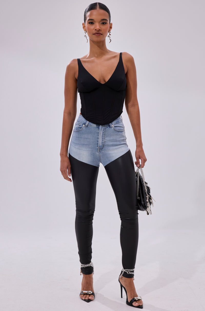 FLEX FIT EXTREME STRETCH HIGH WAIST SKINNY JEANS WITH FAUX LEATHER