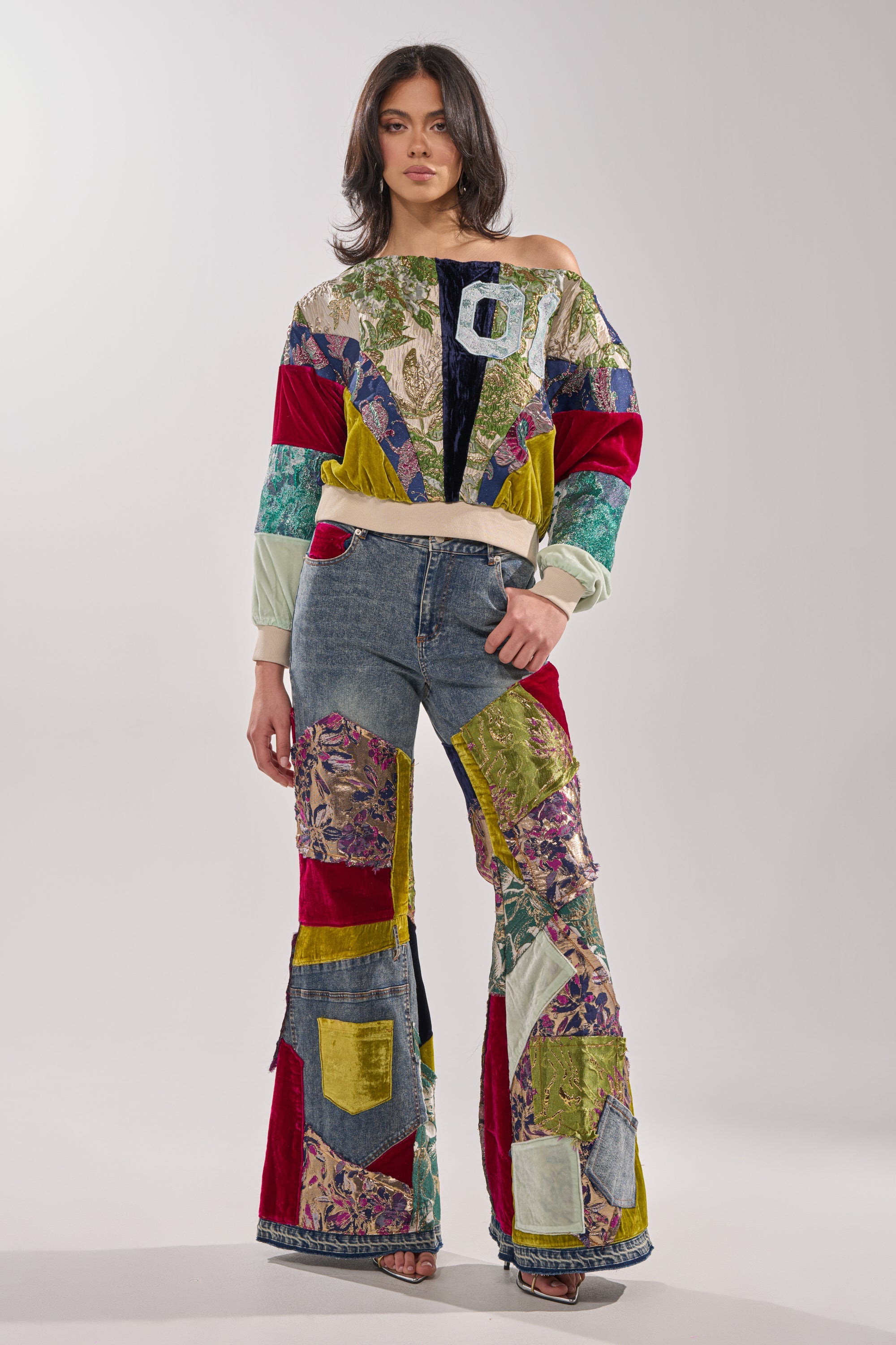 MIXED EMOTIONS BROCADE PATCHWORK FLARE DENIM