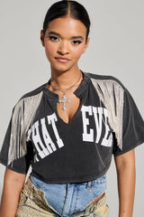 KISS IT SHORT SLEEVE RHINESTIONE FRINGE TEE