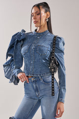 SEIZE THE DAY LONG SLEEVE FLOUNCE MEDIUM BLUE DENIM TOP