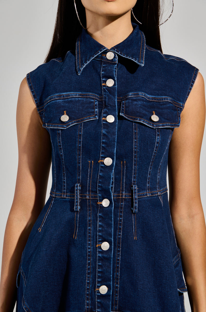WINONA CAP SLEEVE BUTTON DOWN DENIM MIDI DRESS IN DARK BLUE