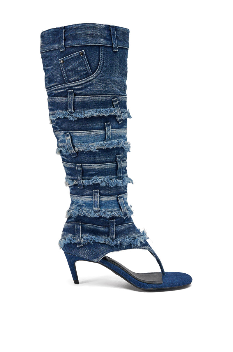 AKIRA GOLD MAHONEY DENIM PANT DETAIL GLADIATOR STILETTO