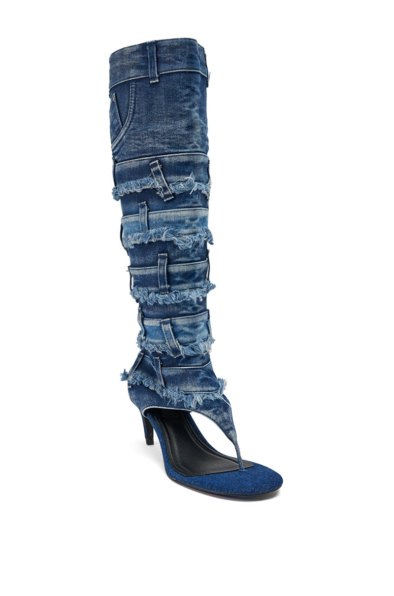 AKIRA GOLD MAHONEY DENIM PANT DETAIL GLADIATOR STILETTO
