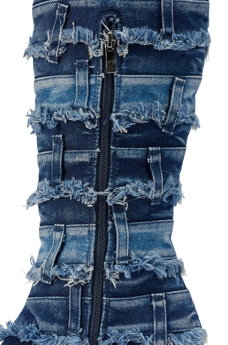 AKIRA GOLD MAHONEY DENIM PANT DETAIL GLADIATOR STILETTO