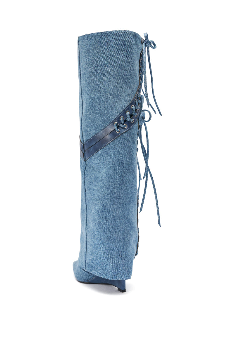 AKIRA GOLD MANTIGNA DENIM WEDGE BOOT