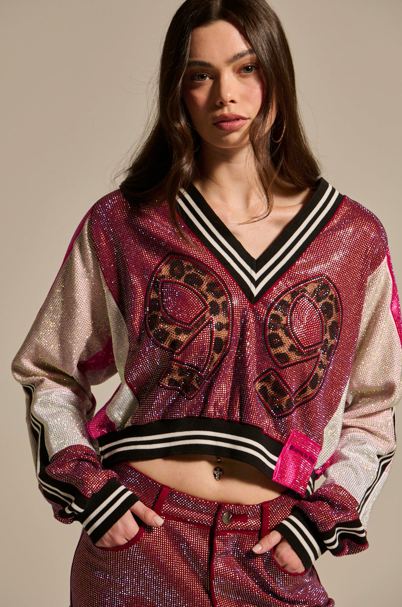 ONLY THE COOLEST RHINESTONE JERSEY SWEATSHIRT
