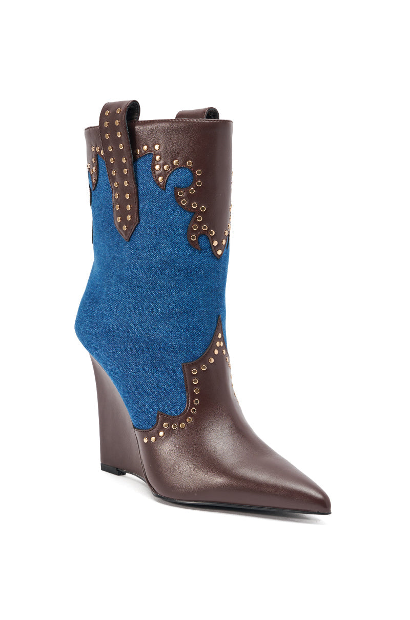 AZALEA WANG TALLULAH DENIM WEDGE WESTERN BOOTIE