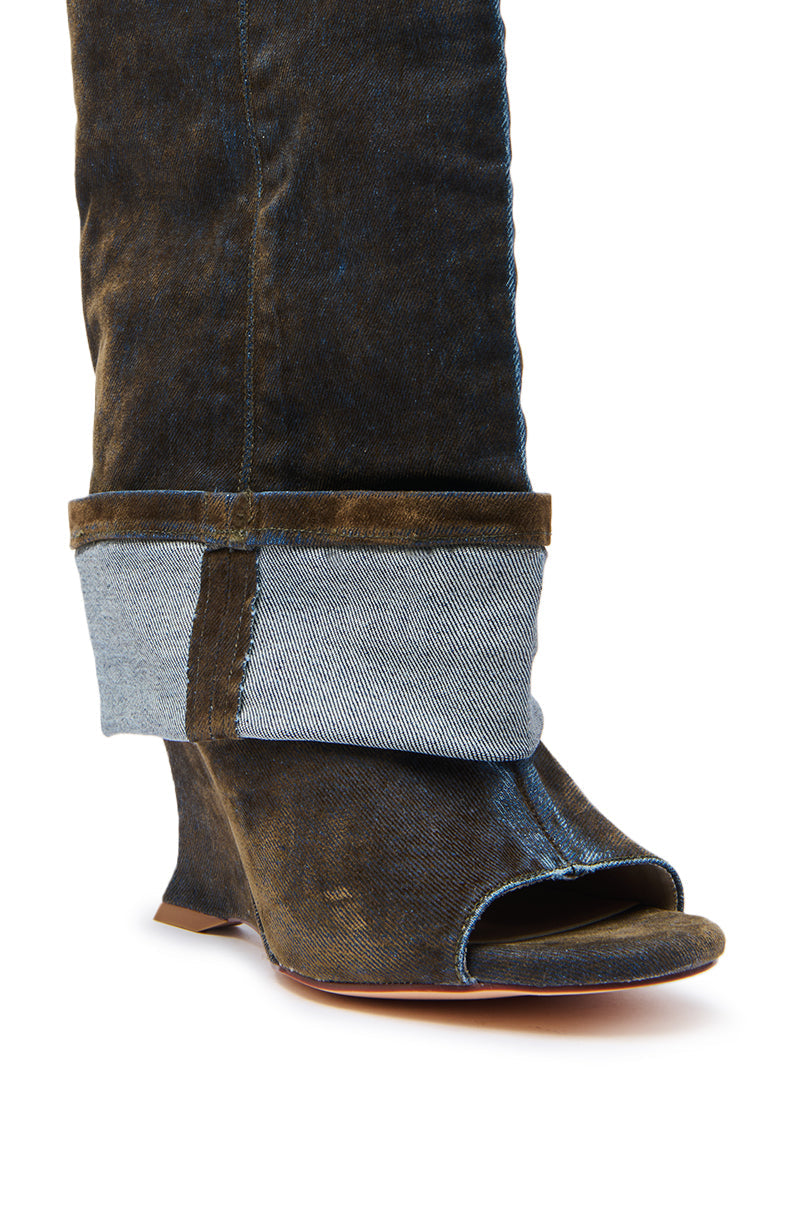 AZALEA WANG TIN BROWN CUFFED WEDGE BOOTIE