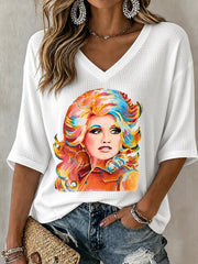 V-Neck Retro Dolly Watercolor Painting Print T-Shirt