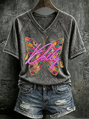 V Neck Retro Butterfly Dolly Queen Of Country Print T-Shirt