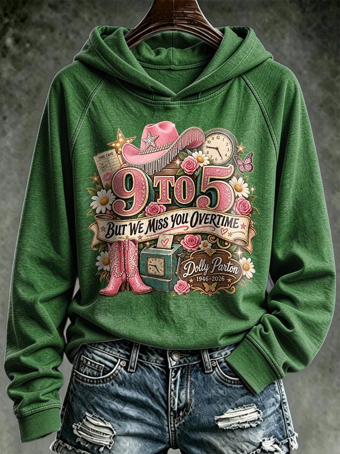 Retro 9 To But We Miss You Overtime Print Hoodie
