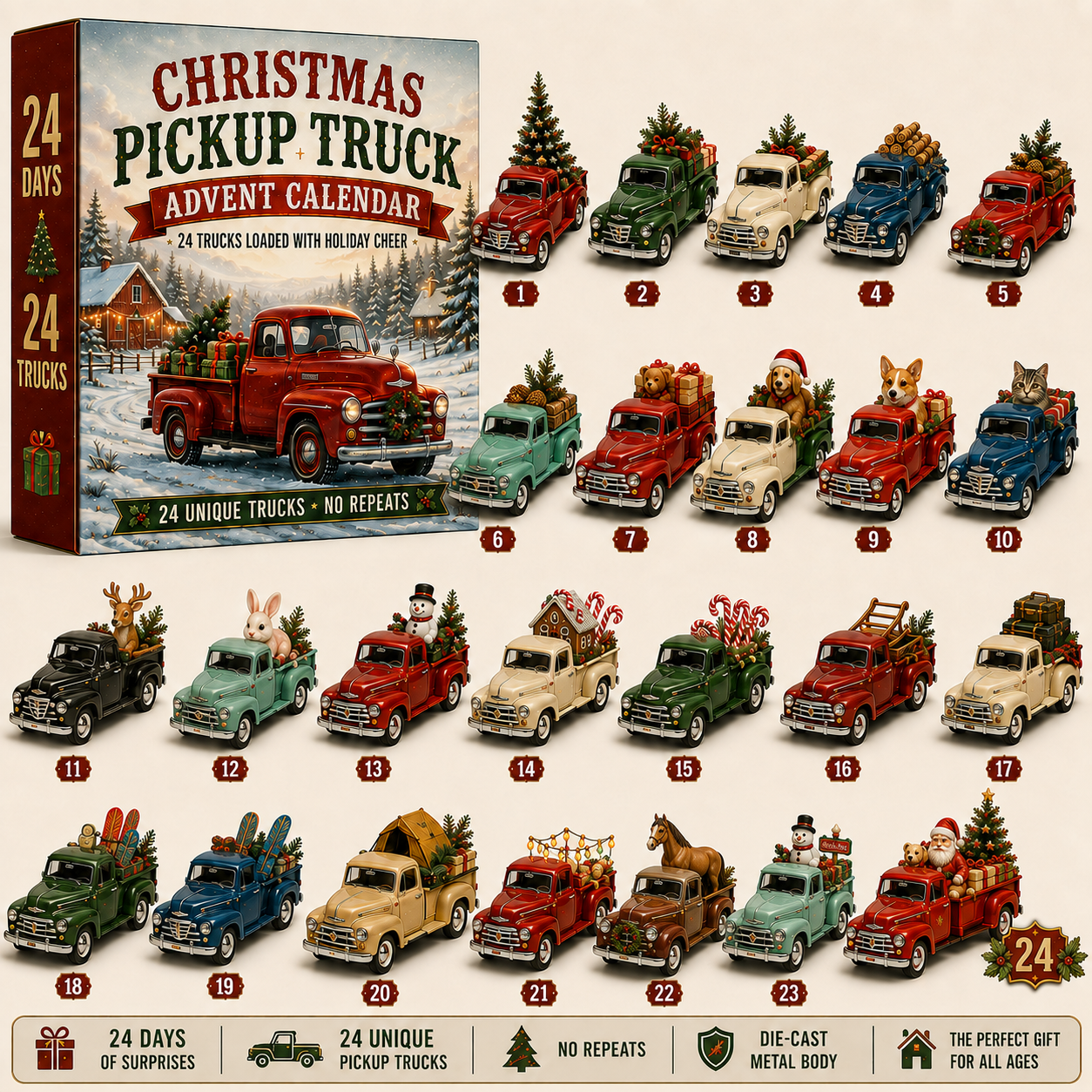 🎄 🛻Christmas Pickup Truck Advent Calendar – 24 Unique Holiday Trucks with Festive Surprises