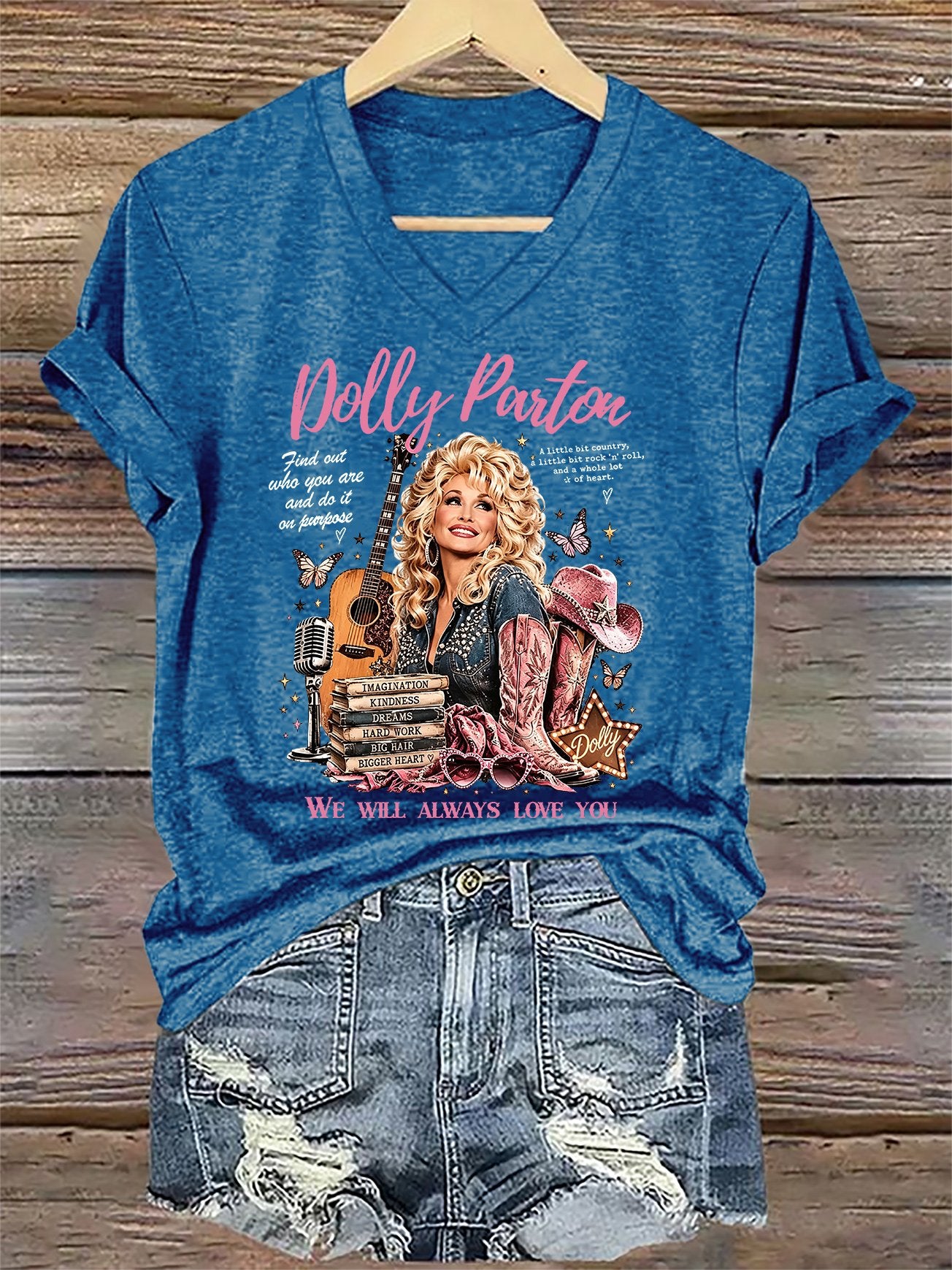 V-Neck Retro Find Out Who You Are And Do It On Purpose A Little Bit Country, A Little Bit Rock 'N' Roll, And A Whole Lot Of Heart. We Will Always Love You Print T-Shirt