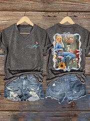 V-Neck Retro Dolly Queen Of Country Print T-Shirt