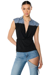 BLAME GAME DENIM DETAIL CAP SLEEVE ADJUSTABLE BLOUSE IN BLACK