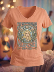 Women's Dolly Parton Tribute Print  V-Neck Short-Sleeve T-Shirt