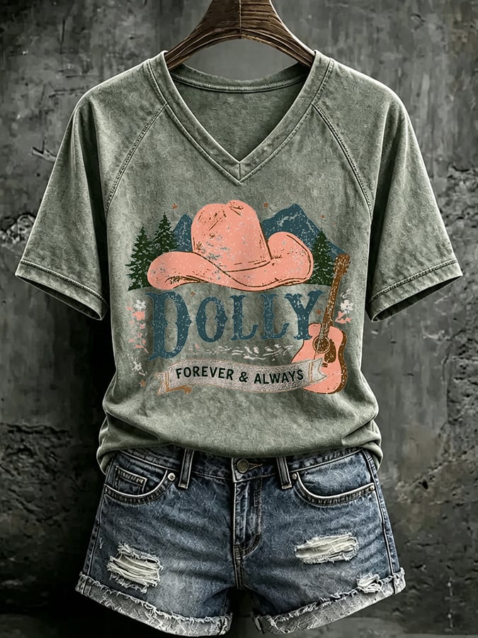 V Neck Retro Dolly Forever And Always Country Music Print T-Shirt