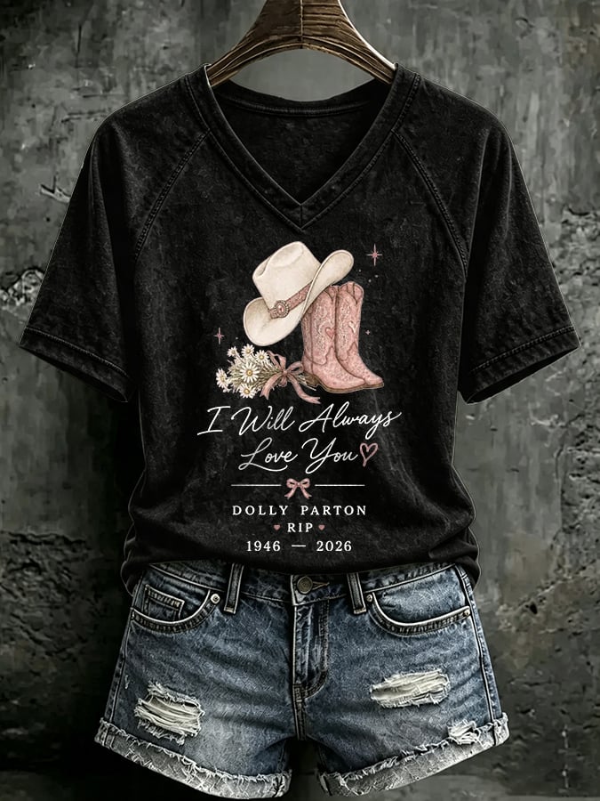 V Neck Retro I Will Always Love You Western Cowgirl Pink Cowboy Boots Print T-Shirt