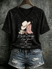 V Neck Retro I Will Always Love You Western Cowgirl Pink Cowboy Boots Print T-Shirt