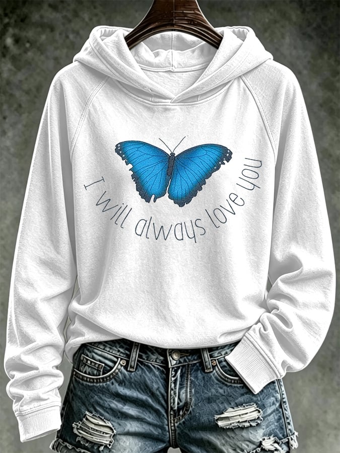 Retro Butterfly I Will Always Love You Print Hoodie
