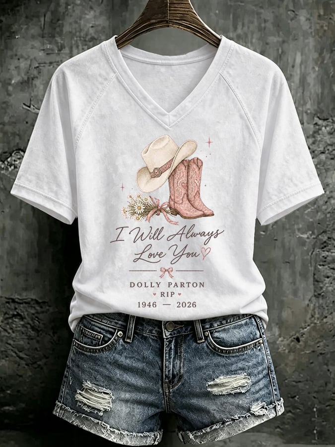 V Neck Retro I Will Always Love You Western Cowgirl Pink Cowboy Boots Print T-Shirt