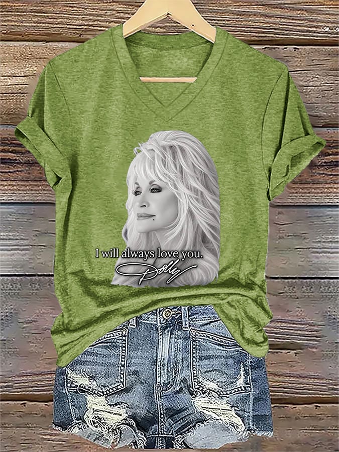 V-Neck Retro I Will Always Love You Print T-Shirt