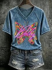 V Neck Retro Butterfly Dolly Queen Of Country Print T-Shirt