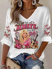 Women's Country Music Legend Tribute Print V Neck Top
