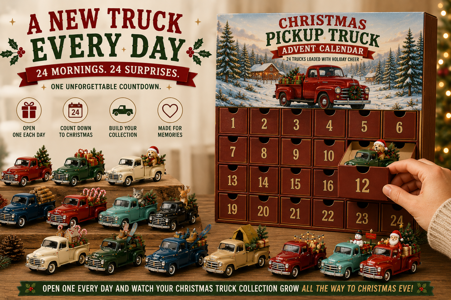🎄 🛻Christmas Pickup Truck Advent Calendar – 24 Unique Holiday Trucks with Festive Surprises