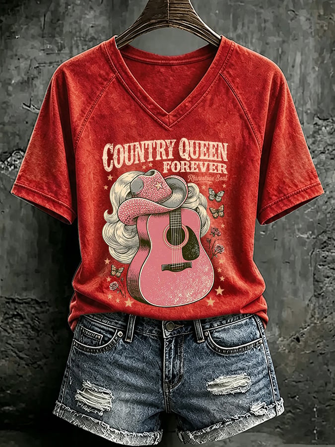 V Neck Retro Country Queen Forever Rhinestone Soul Print T-Shirt