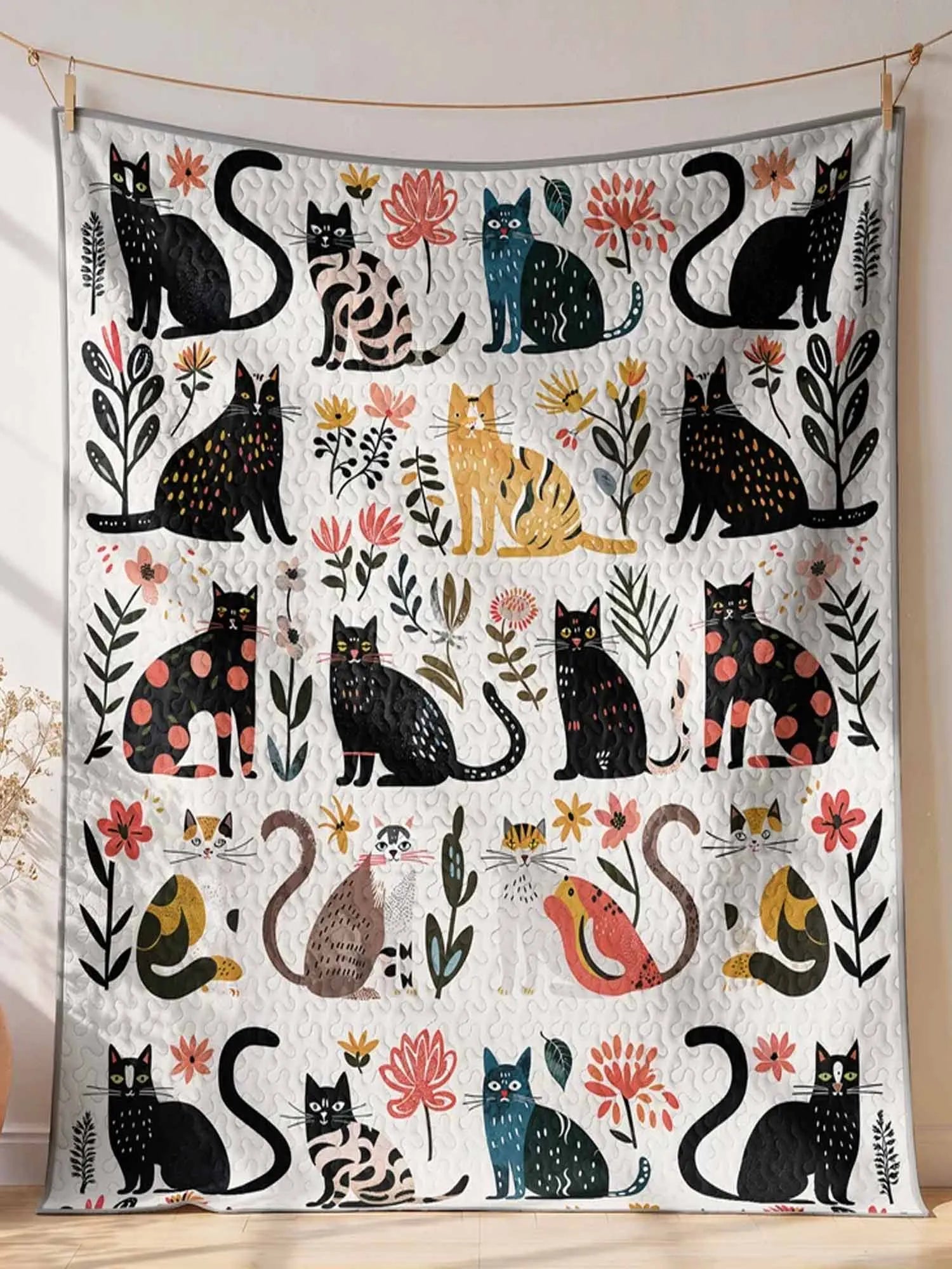 Colorful Cat Floral Patchwork Quilted 3‐Piece Bedding Set