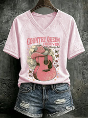 V Neck Retro Country Queen Forever Rhinestone Soul Print T-Shirt