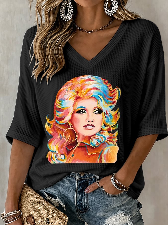 V-Neck Retro Dolly Watercolor Painting Print T-Shirt