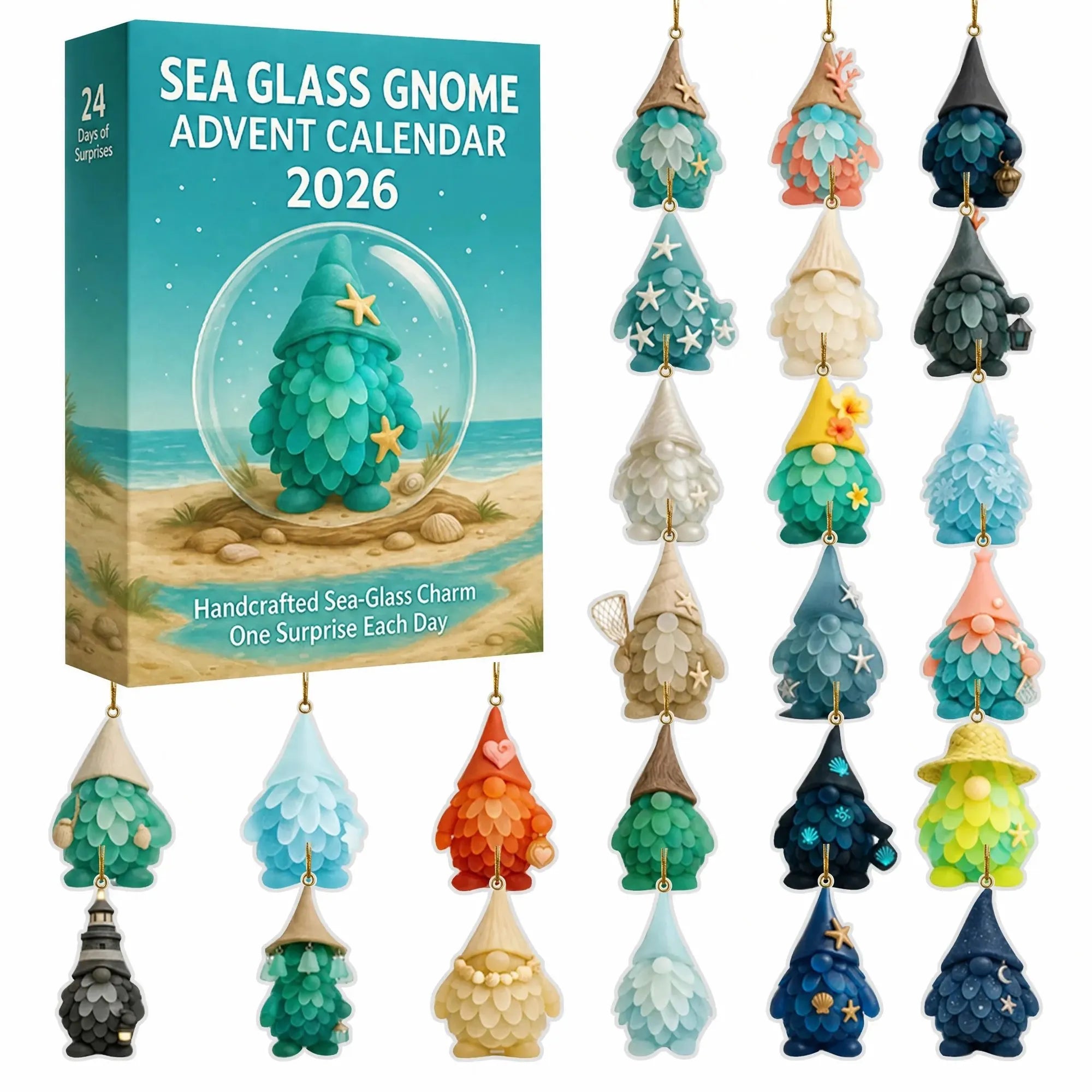 🌊🧝‍♂️ Sea Glass Gnome Advent Calendar 2026 | 24 Coastal Gnome Charms for Christmas Countdown, Tree Decor & Holiday Gifts
