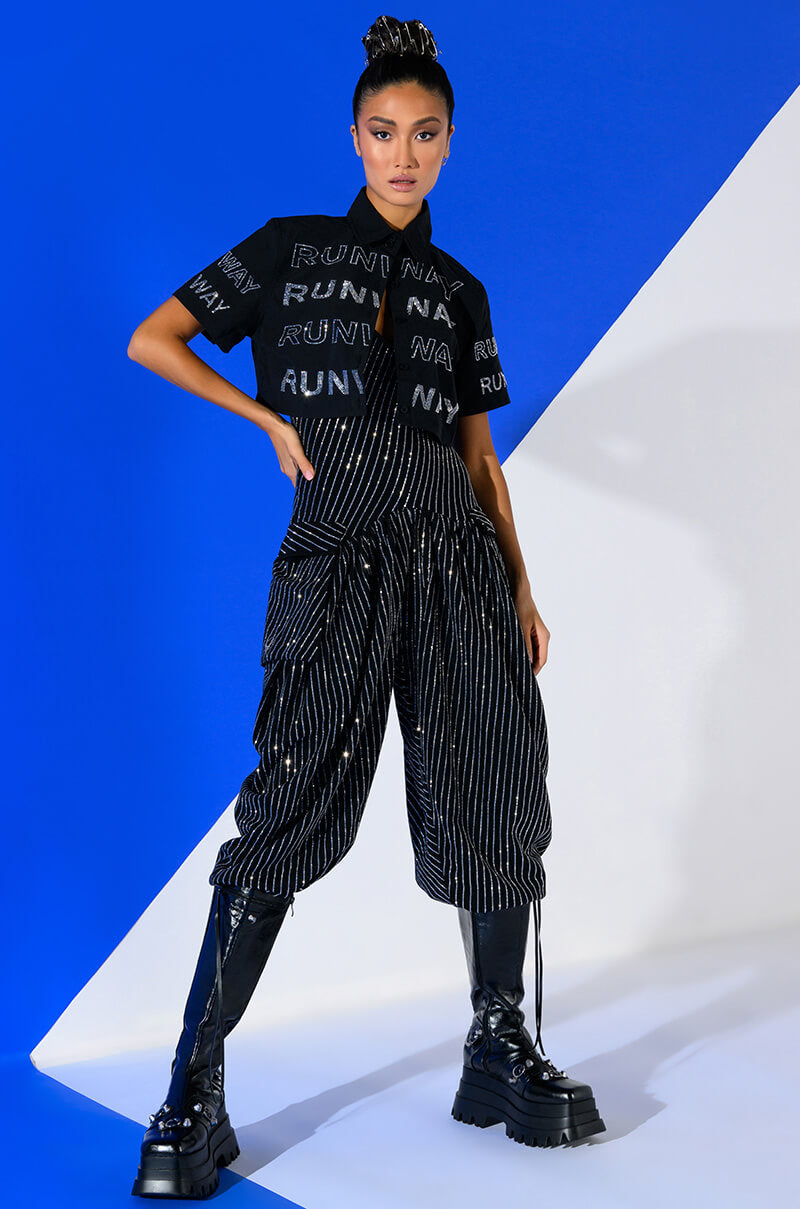 LONDON RHINESTONE STRIPE RELAXED FIT HALTER NECK JUMPSUIT