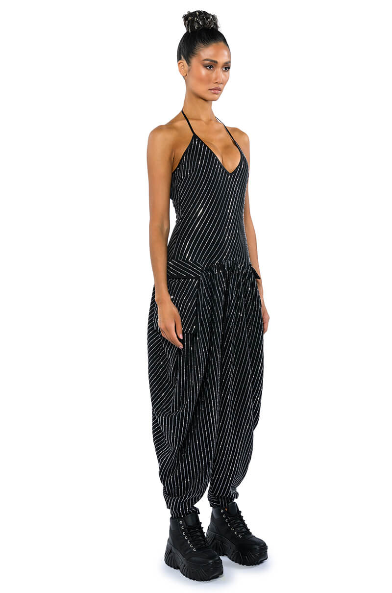 LONDON RHINESTONE STRIPE RELAXED FIT HALTER NECK JUMPSUIT