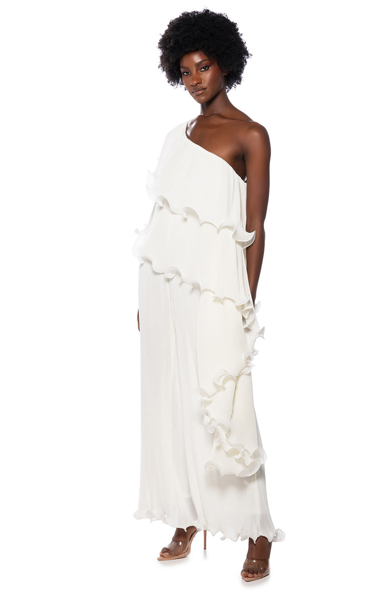 LUCIA PLEATED ONE SHOULDER JUMPSUIT IN WHITE