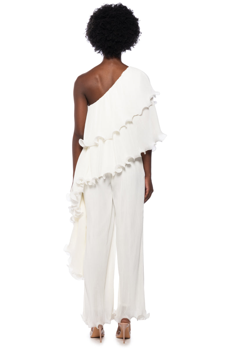 LUCIA PLEATED ONE SHOULDER JUMPSUIT IN WHITE
