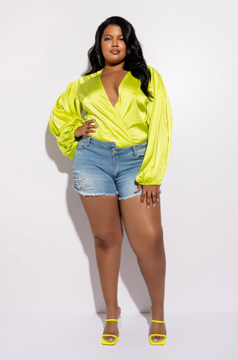 PLUS NO PICTURES PLEASE WRAP FRONT LONG SLEEVE SATIN BODYSUIT