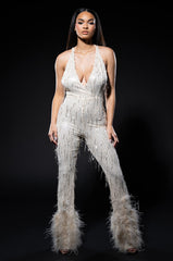 PRINCESS GENOVIA FEATHER DETAIL JUMPSUIT