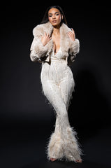 PRINCESS GENOVIA FEATHER DETAIL JUMPSUIT