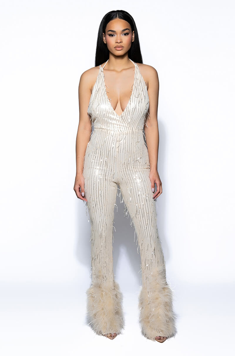 PRINCESS GENOVIA FEATHER DETAIL JUMPSUIT