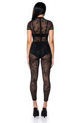 VERA SHORT SLEEVE EMBELLISHED MESH JUMPSUIT