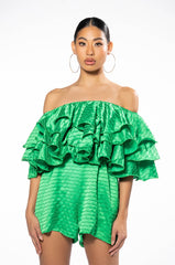 WEEKEND OFF THE SHOULDER RUFFLE ROMPER